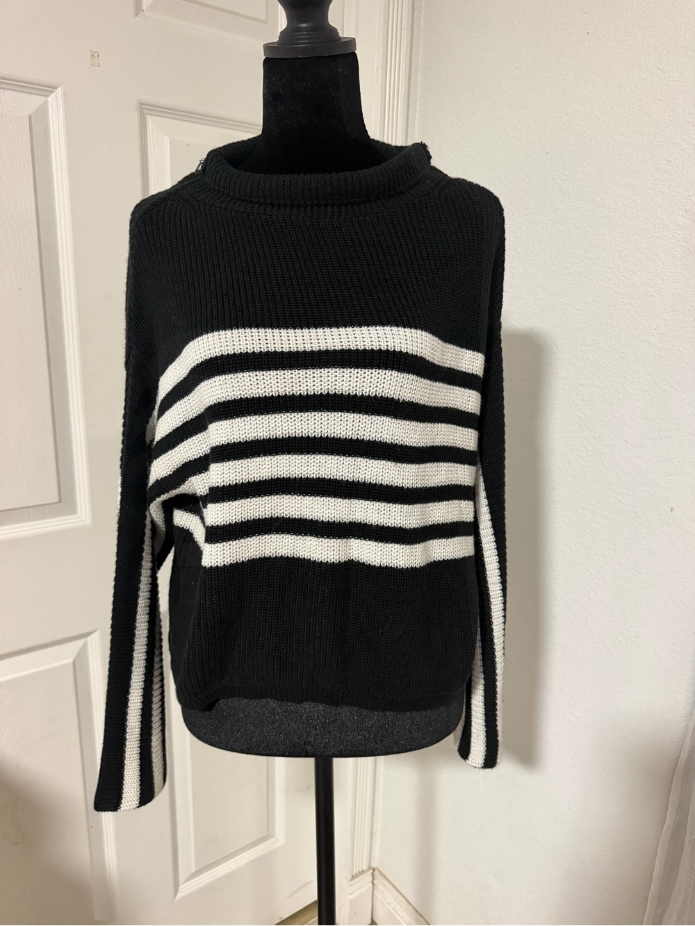 New York & Company Black and White Striped Crewneck Sweater